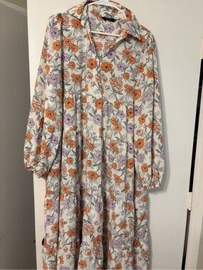 Women’s Floral Long Sleeve Maxi Dress - White with Orange & Lavender Flowers